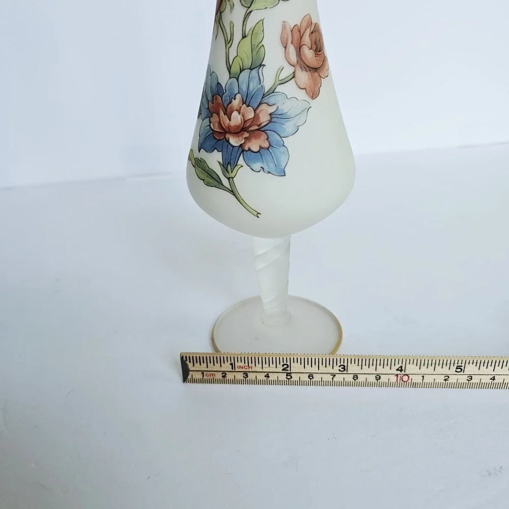 Vintage Frosted Satin Glass‎ Bud Vase Hand Painted Floral Gold Rim Decor 10.5in